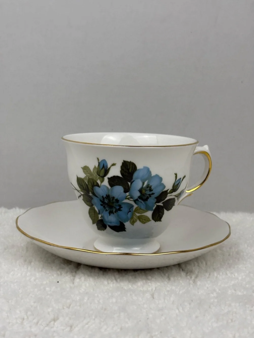 Vintage Royal Vale Blue Floral Bone China Tea Cup and Saucer Set Made in England